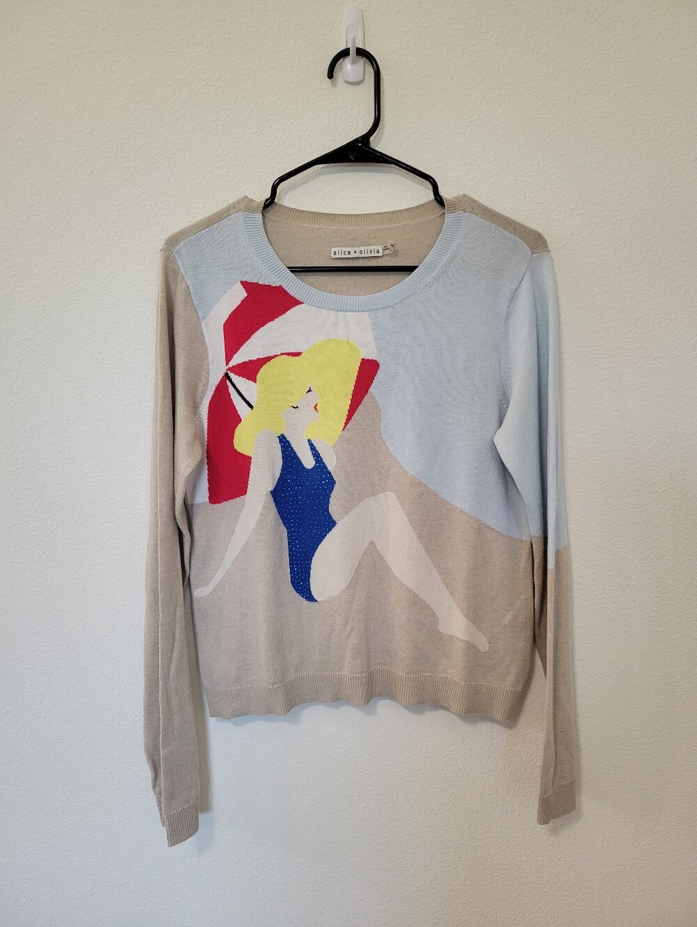 Alice + Olivia Rhinestone Embellished Sunbather Sweater Blue Tan Size Medium
